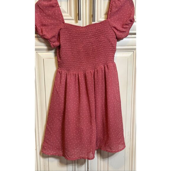 Nordstrom Girls Puff Sleeve Smocked Bodice Micro Dot Dress Mauve Size L/10-12 - Picture 5 of 9